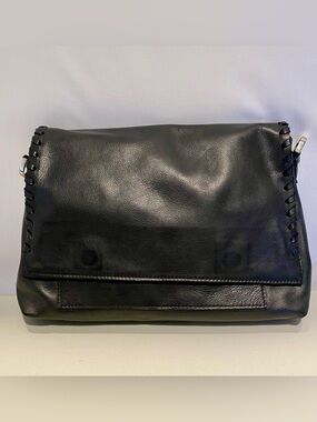 Carla Mancini Black Leather Shoulder Bag with Whipstitch Detail